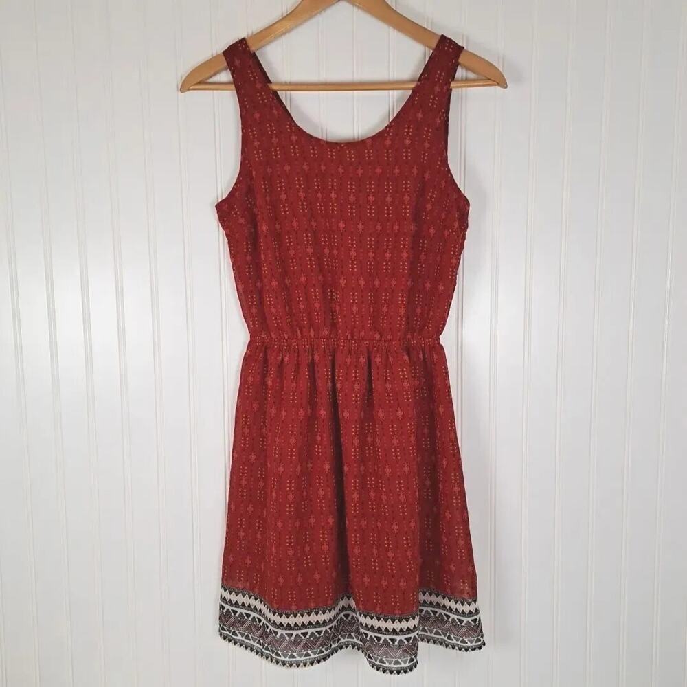H&M Divided Sleeveless Mini Dress Womens 8 Red Print Chiffon Open Back Boho